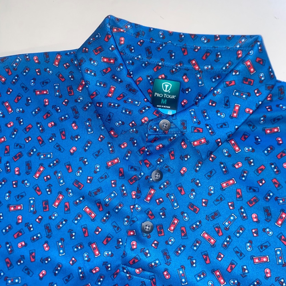 Pro Tour Coolplay Mens Medium Blue Cocktail Domino Print Golf Polo Shirt